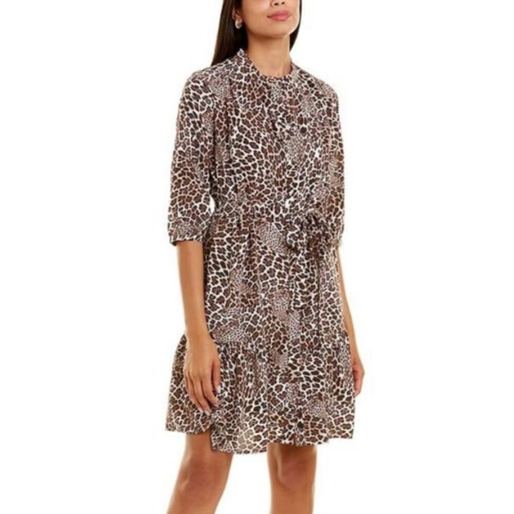 TYLER BOE | Brown Leopard Print Button Up 100% Silk Ruffle Hem Dress